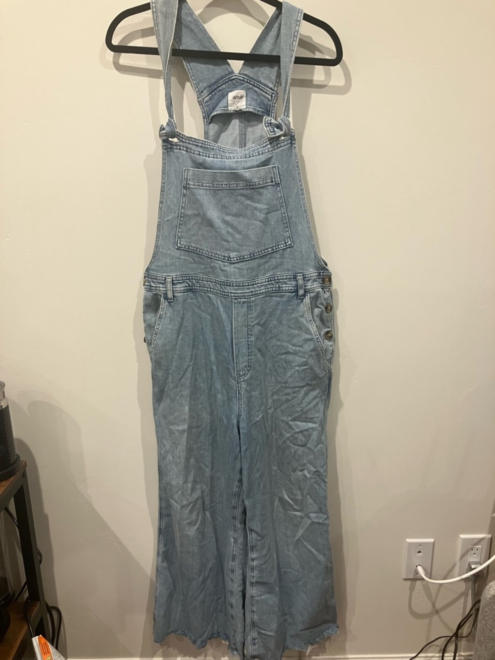 Aerie Light Blue Denim Wide Leg Overalls with Raw Hem